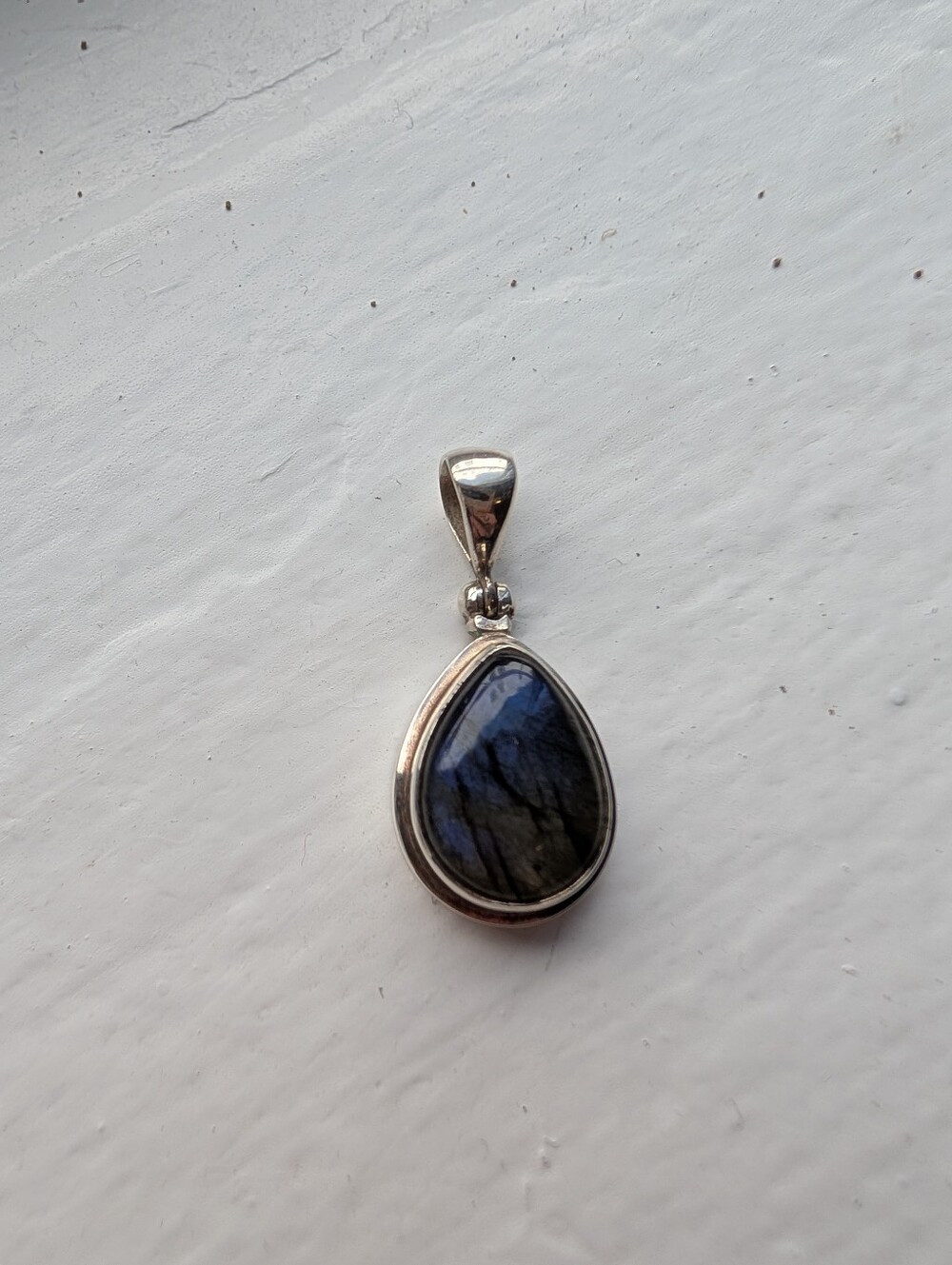 Silver Teardrop Labradorite Pendant - Blue Grey & Black